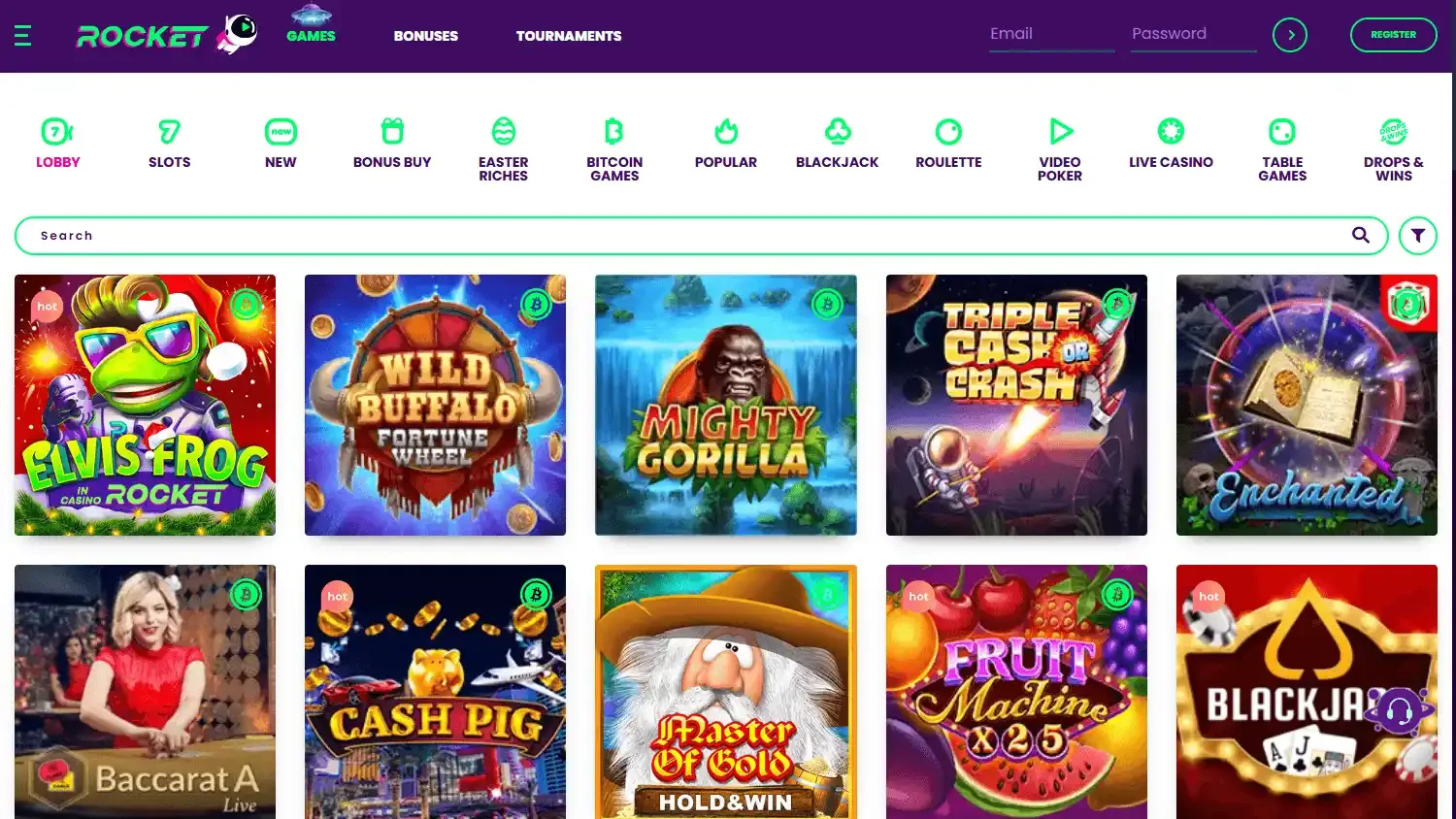 Casino Rocket games lobby on desktop
