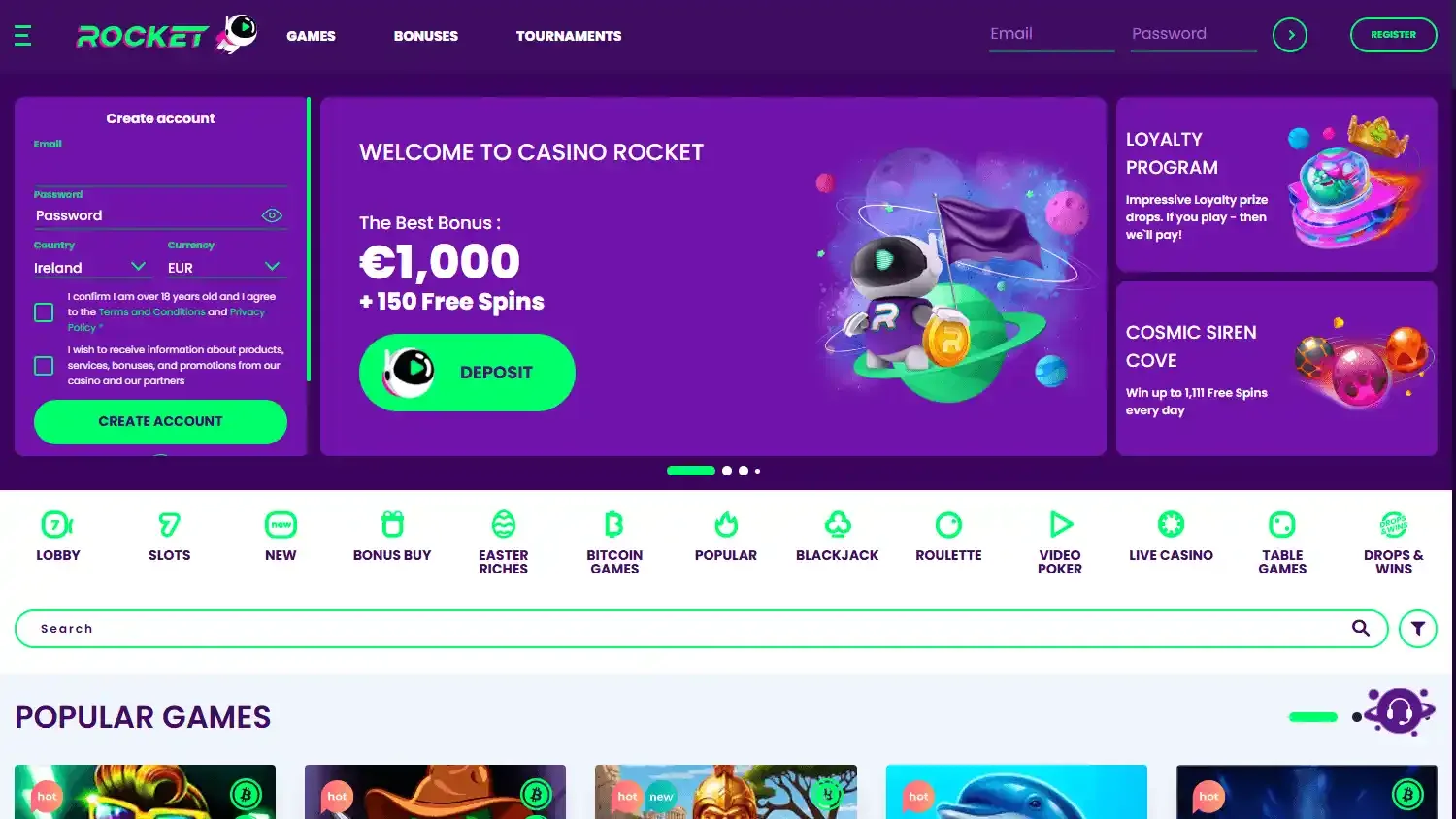 Casino Rocket home screen displayed on a desktop screen
