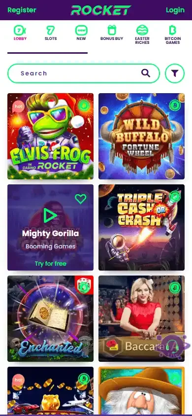 Casino Rocket games lobby on mobile