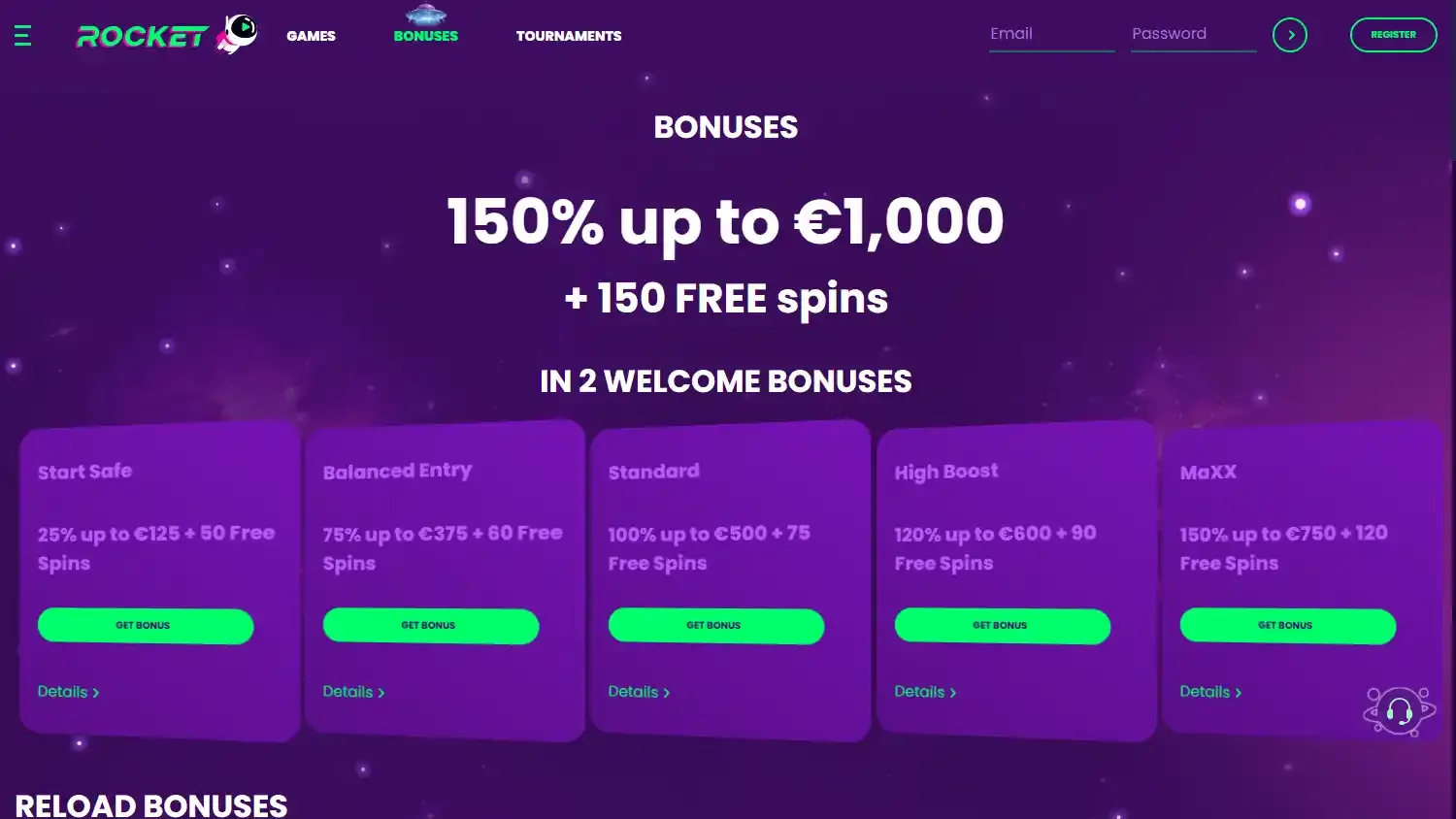 Casino Rocket promotions page on desktop
